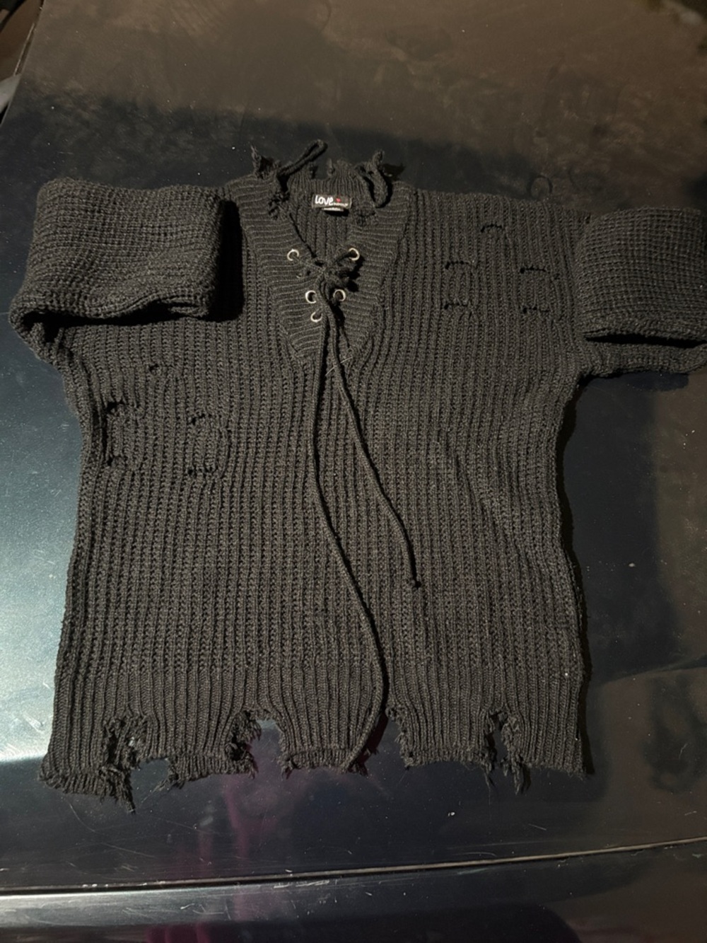Love Black Distressed V-Neck Lace-Up Men's Sweater